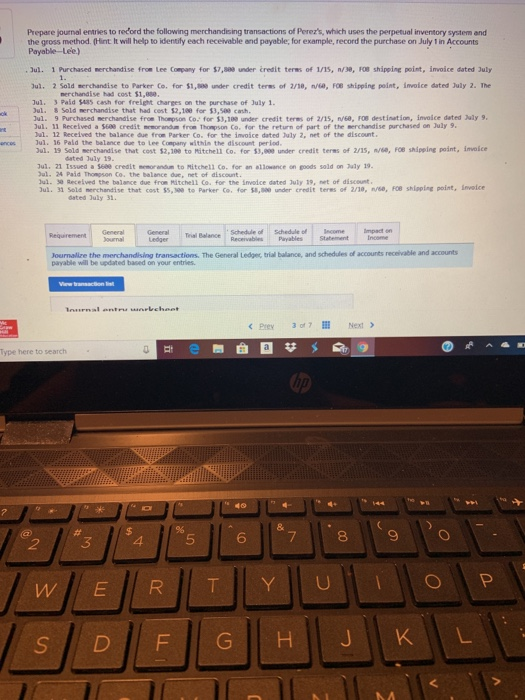 Prepare joumal entries to redord the following merchandising transactions of Perezs, which uses the perpetual inventory syst