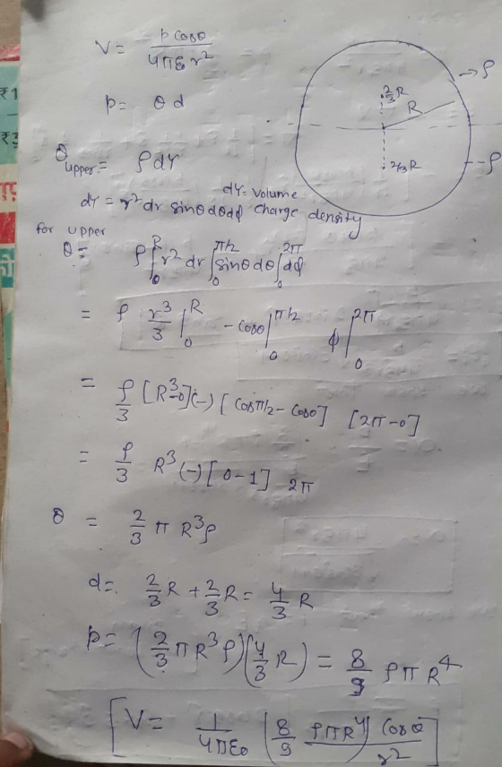2 W = - Þ COBO = UTTEN p= od 0 Upper Par dY- Volume dy = r dr sinododd charge density upper for Cobo - L [Ra]e) [ Castila - C