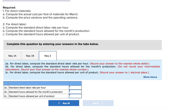 Required: 1. For direct materials: a. Compute the actual cost per foot of materials for March. b. Compute the price variance