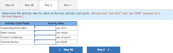 Req 1A Req 1B Reg 2 Req3 Determine the activity rate for each of the four activity cost pools. (Round your per DLH and per