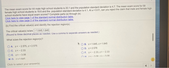 The mean exam score for 44 male high school students is 20.1 and the population standard deviation is 4.7. The mean exam scor