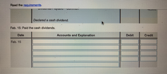 Read the requirements. uyu WTWYTUT Declared a cash dividend. Feb. 15: Paid the cash dividends. Date Accounts and Explanation