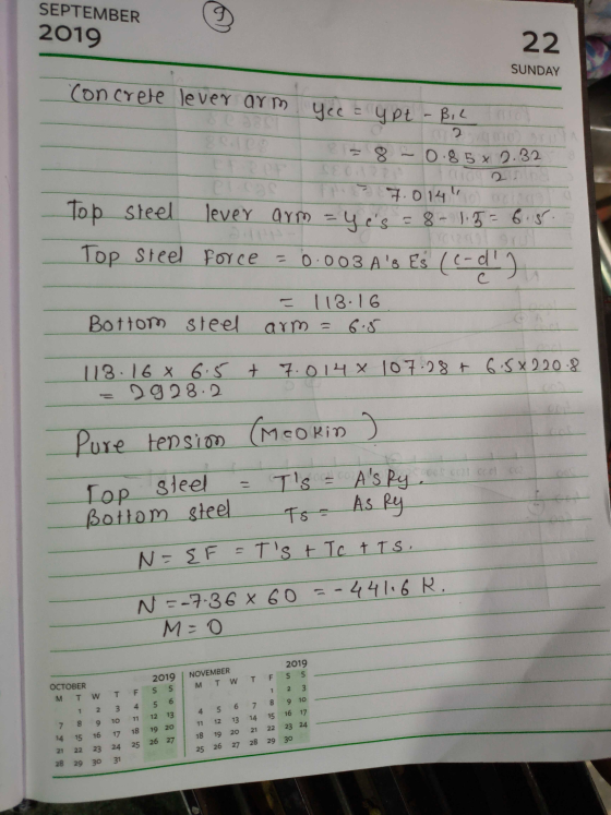 SEPTEMBER 2019 22 SUNDAY 10 Concrete lever arm. Yec = ypt BIL = 8 -0.85 x 2.32 C - 7.014 o ouro Top steel lever arm = y es