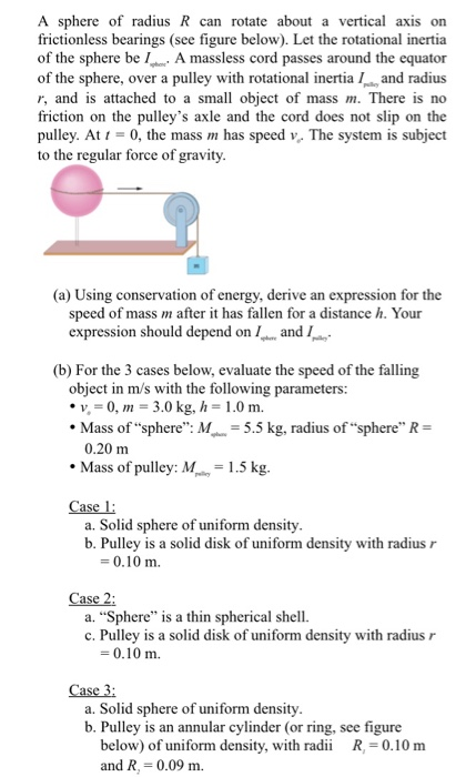 A sphere of radius R can rotate about a vertical axis on frictionless bearings (see figure below). Let the rotational inertia