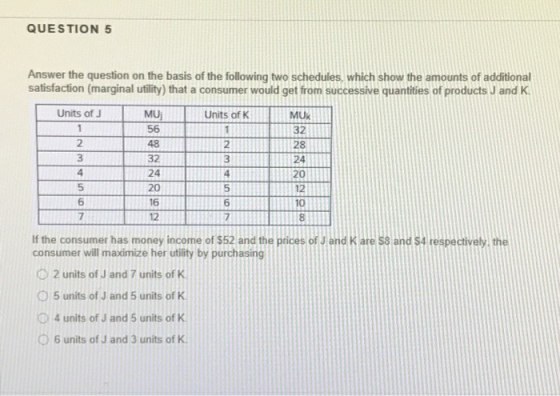 QUESTION 5 Answer the question on the basis of the following two schedules, which show the amounts of additional satisfaction