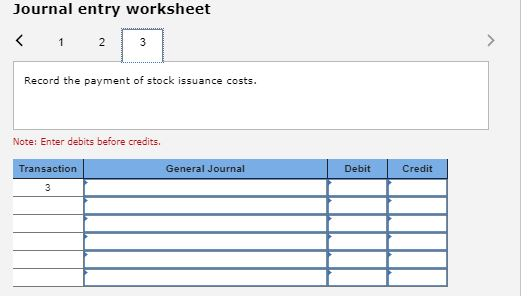 Journal entry worksheet Record the payment of stock issuance costs Note: Enter debits before credits. Transaction General Journal Debit Credit