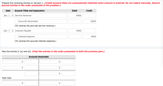 Prepare the reversing entries on January 1. (Credit account titles are automatically indented when amount is entered. Do not