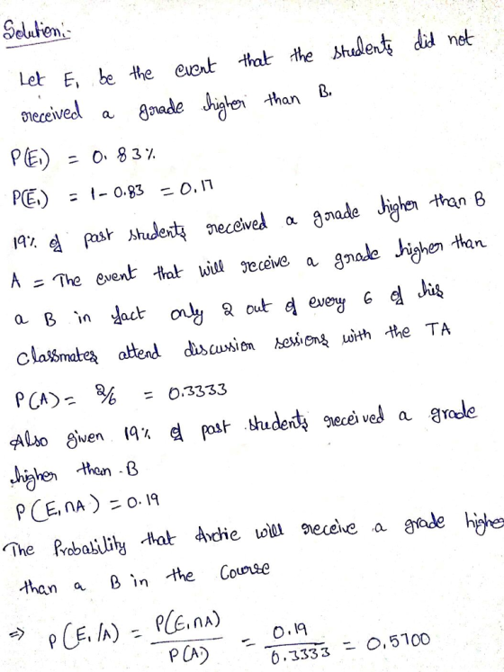 Seluten Let E, be the evct tat the shulen did net received a grade Ju-e than B. PE) = o, 83% PCA):% =0.3333 auo guen 14% post thudente gecei ved a Jr ade PCEA0. than a Bn the Counee PCE, İA): Ple.nx) d) -o.n 0,19 6.3333o,5100