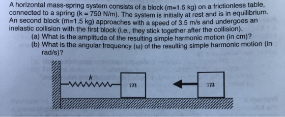 A horizontal mass-spring system consists of a block (m=1.5 kg) on a frictionless to connected to a spring (k = 750 N/m). The