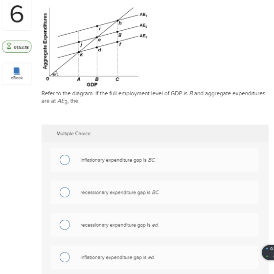 Aggregate Expenditures 8 01:53:18 eBook B GDP Refer to the diagram. If the full-employment level of GDP is Band aggregate exp