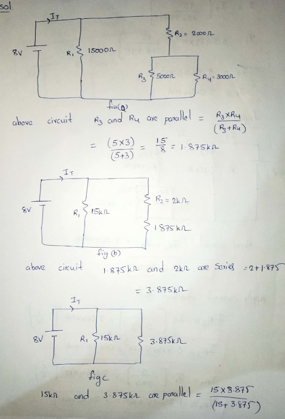 So IT above civcuit R3 and Ry ave parallel R3xAg t Ru 5x3 5+3 ST IT R2: 2kル 1 875 k儿 fig (b) a bove cicui 187Skn and ka -3 87skn SV 3.87Sk儿 sx387厂 ISt 3.873