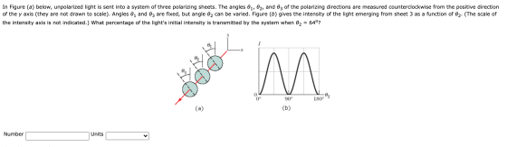 In Figure (a) below, unpolarized light is sent into a system of three polarizing sheets. The angles 01, 02, and 63 of the pol
