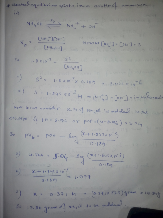 & Chemical equilibrium exists in a solution of ammona is K6 NHGOH NHut tot ko? b [NHGOH] [Nhut [OH-] Now let [NH+] = [OH-]-S