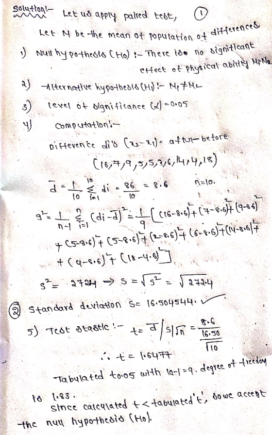 ulation of differences Solution Let ud apply paired test, O Let M be the mean of population of ditt :) Null hy potheoto CHO :