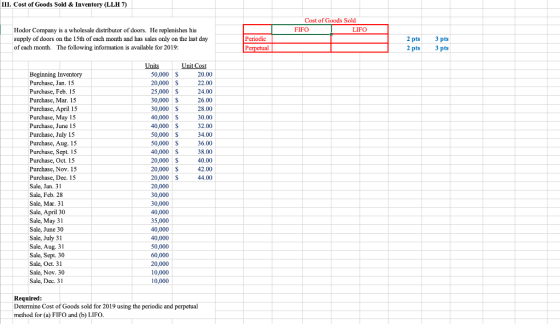 III. Cost of Goods Sold & Inventory (LLH 7) Cost of Goods Sold FIFO LIFO Hodor Company is a wholesale distributor of doors. H