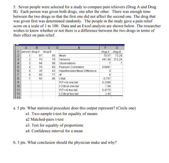 5. Seven people were selected for a study to compare pain relievers (Drug A and Drug B). Each person was given both drugs, on
