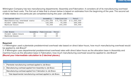 Check my work Wilmington Company has two manufacturing departments--Assembly and Fabrication. It considers all of its manufac