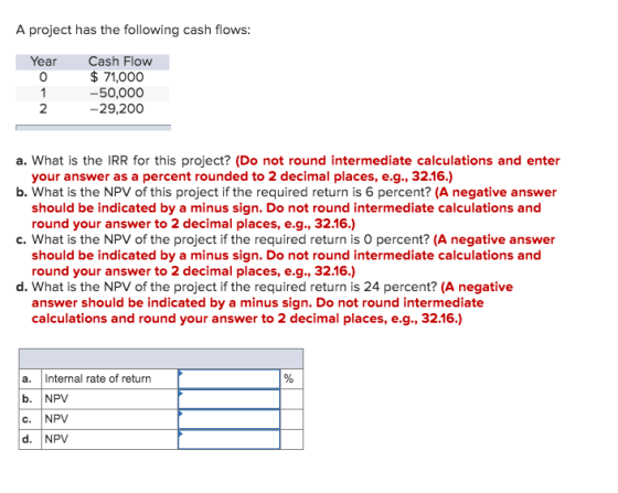 A project has the following cash flows: Year Cash Flow $ 71,000 -50,000 -29,200 a. What is the IRR for this project? (Do not