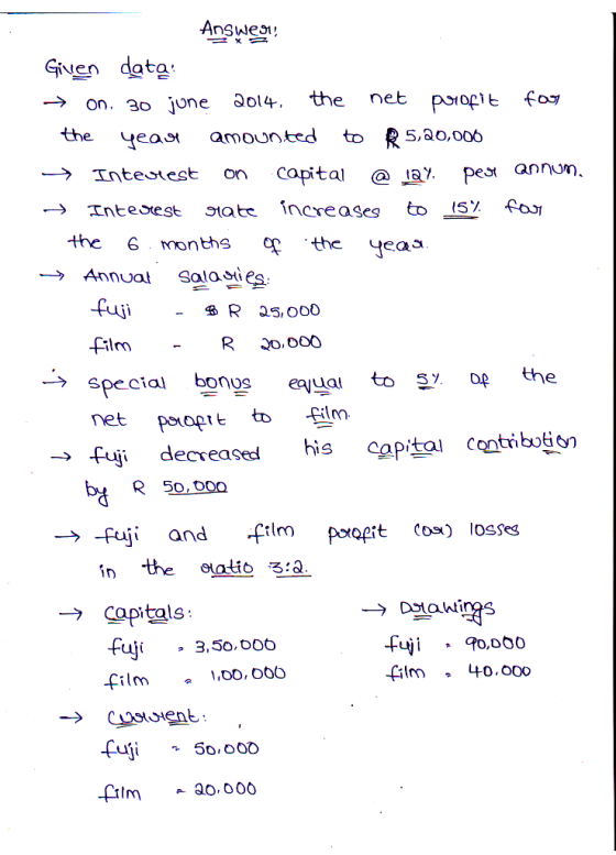 Answers Given data: → on. 30 june 2014. the net porofit foo the year amounted to R 5,20,000 → Interest on Capital @lay. per a
