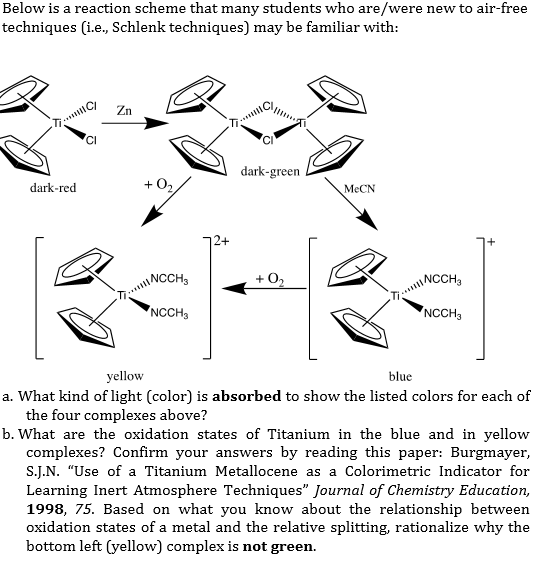 Below is a reaction scheme that many students who are/were new to air-free techniques (i.e., Schlenk techniques) may be famil