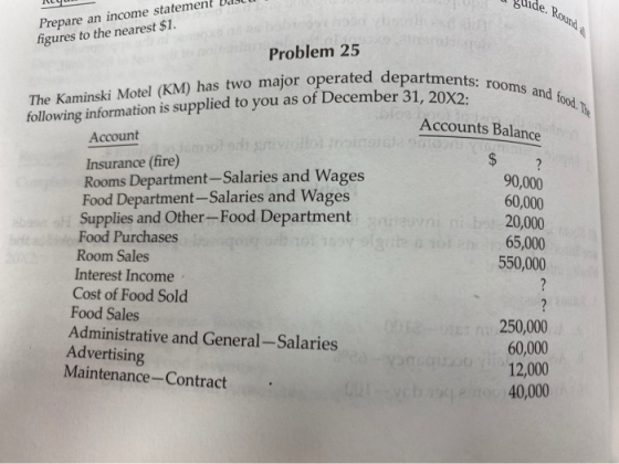 de. Round a Prepare an income statement figures to the nearest $1. Problem 25 The Kaminski Motel (KM) has two major operated