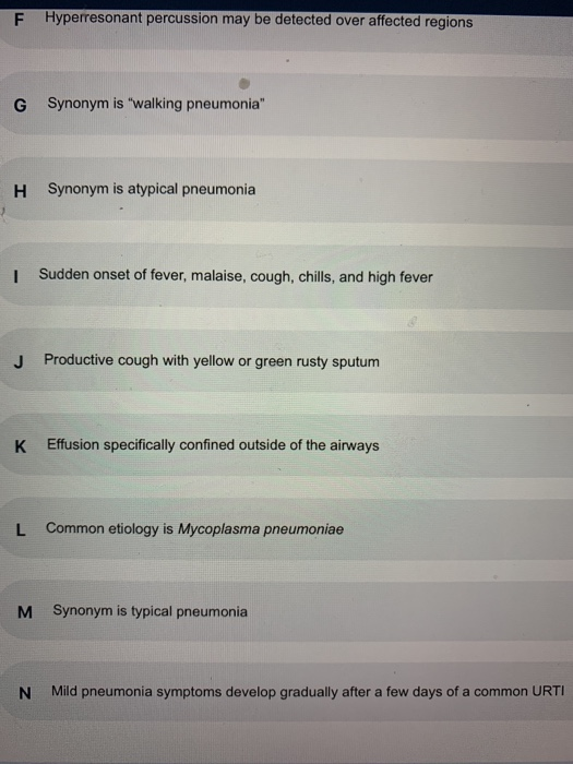 F Hyperresonant percussion may be detected over affected regions G Synonym is walking pneumonia H Synonym is atypical pneum