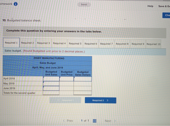 omework Help Save & E Che 10. Budgeted balance sheet. Complete this question by entering your answers in the ta below. Requir