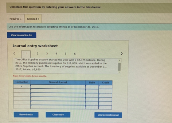 Complete this question by entering your answers in the tabs below. Required 1 Required 2 Use the information to prepare adjus