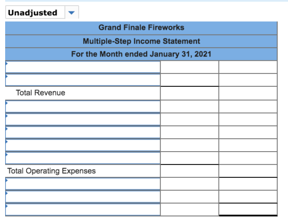 Unadjusted Grand Finale Fireworks Multiple-Step Income Statement For the Month ended January 31, 2021 Total Revenue Total Ope