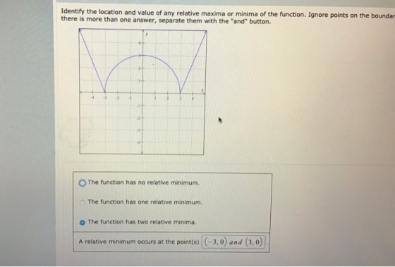 Identify the location and value of any relative maxima or minima of the function. Ignore points on the boundar there is more