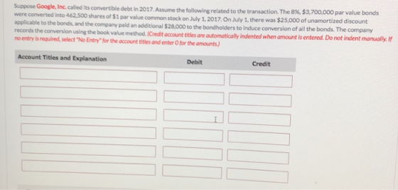 Suppose Google, Inc. called its convertible debt in 2017. Assume the following related to the transaction. The 8%, $3,700,000