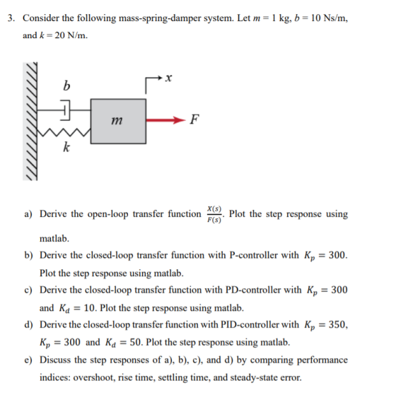 3. Consider the following mass-spring-damper system. Let m= 1 kg, b = 10 Ns/m, and k = 20 N/m. b m F k a) Derive the open-loo