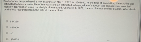 Bonita Industries purchased a new machine on May 1, 2012 for $561600. At the time of acquisition, the machine was estimated t