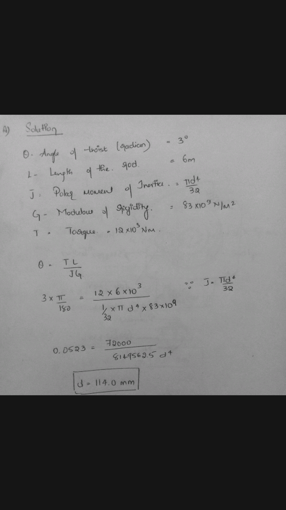 A Solution = 30 6m O Angle of thist (gadian) - Length of the God. Inertice. Tid4 Moment of 32 - 83x10 9 /M2 j Polar G- Modulu