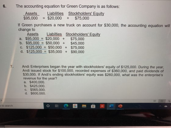 6. + The accounting equation for Green Company is as follows: Assets Liabilities Stockholders Equity $95,000 = $20,000 $75,0