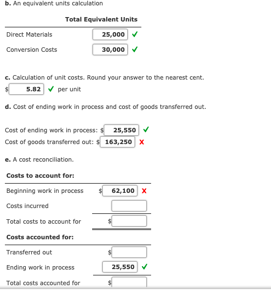 b. An equivalent units calculation Total Equivalent Units Direct Materials 25,000 Conversion Costs 30,000 c. Calculation of u