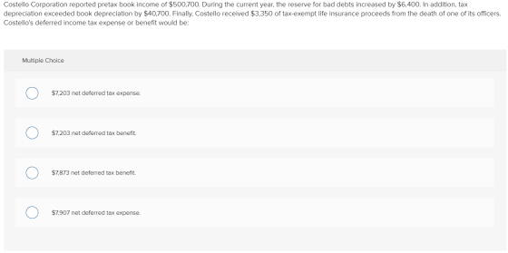Costello Corporation reported pretax book income of $500,700. During the current year, the reserve for bad debts increased by
