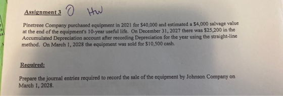 Assignment 3 0 Hw Pinetreee Company purchased equipment in 2021 for $40,000 and estimated a $4,000 salvage value at the end o