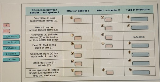 Type of interaction Interaction between species 1 and species 2 Effect on species 1 Effect on species 2 Caterpillars (1) eat passionflower leaves (2). Weeds (1) grow among tomato plants (2) Honeybees (1) pollinate daisies (2) while feeding on their nectar and pollen competaon mutualism herbivory Fleas (1) feed on the blood of cats (2). Unicellular algae (1) live inside cells of corals (2), parasitsm predation Black rat snakes (1) eat rats (2) House sparrows (1) house finches (2) require similar food and nest sites.