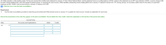 Jim White operates a roller skating center. He has just received the monthly bank statement at January 31 from Citizen Nation