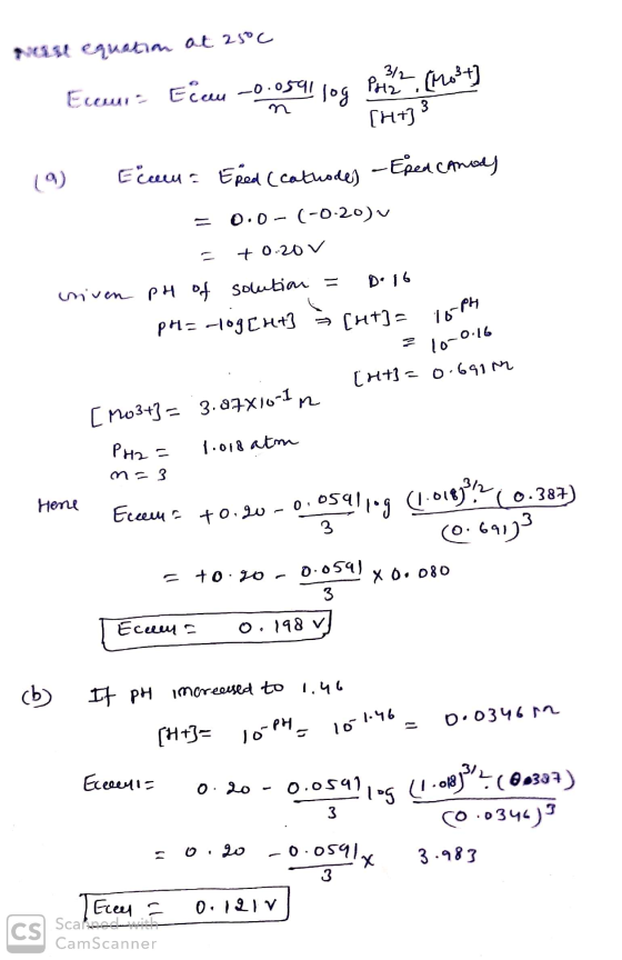 Naast equation at Zsoc Ecem Eirou -0.0591 og forth (w t] (9) [H+] 3 Ecem Ered (Cathodes - Ered (Anads = 0.0-(-0.20) = +0.20v