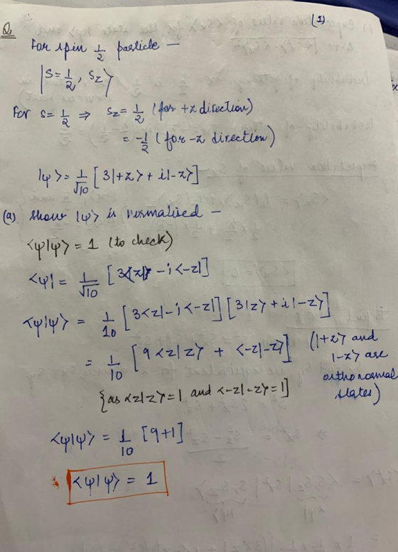 for spin & particle x for s = 12 sz= 1 / 2 ( for ta direction) 104 - direction) 14 yosto ( 31+27+ 11-27] (a) showe lu> is nor