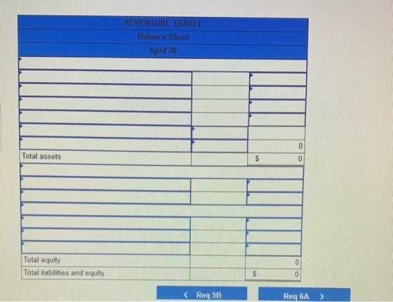 ADVENTURE TRAVEL Balance Sheet April 30 Total assets 0 0 $ 0 Total equity Total liabilities and equity 0 < Req 5B Req 6A >