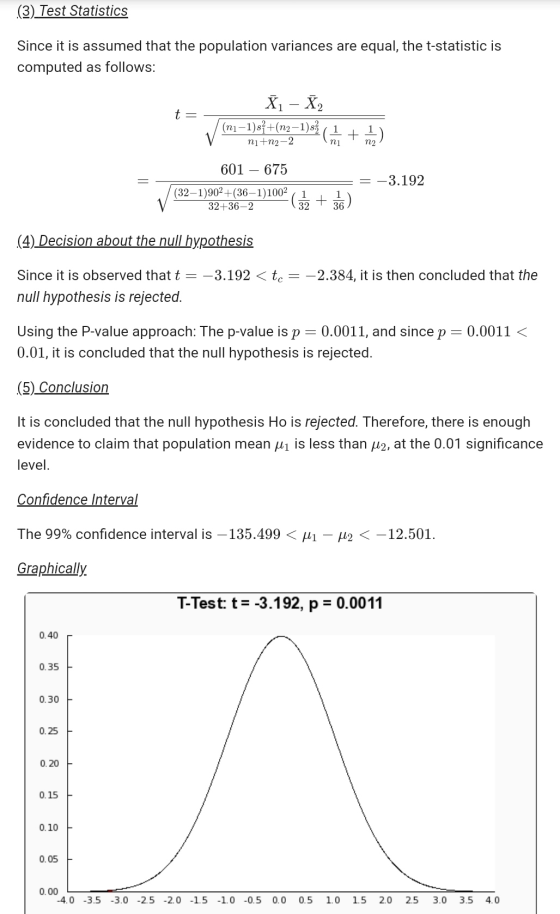 (3) Test Statistics Since it is assumed that the population variances are equal, the t-statistic is computed as follows: t= X