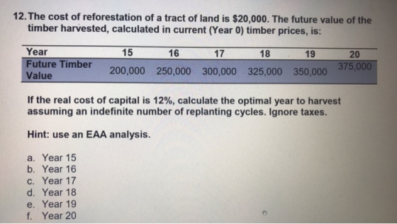 12.The cost of reforestation of a tract of land is $20,000. The future value of the timber harvested, calculated in current (Year 0) timber prices, is: Year Value 15 16 17 18 19 20 200,000 250,000 300,000 325,000 350,000 350,000 375,00 If the real cost of capital is 12%, calculate the optimal year to harvest assuming an indefinite number of replanting cycles. Ignore taxes. Hint: use an EAA analysis. a. Year 15 b. Year 16 C. Year 17 d. Year 18 e. Year 19 f. Year 20 37