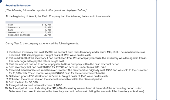 Required information [The following information applies to the questions displayed below. At the beginning of Year 2, the Red