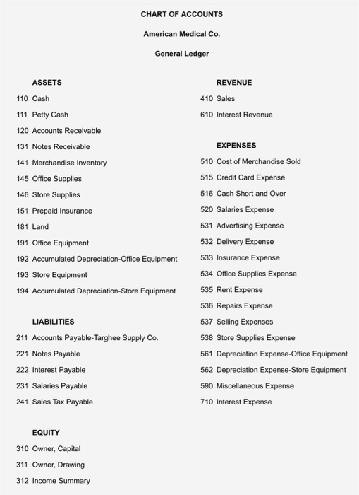 CHART OF ACCOUNTS American Medical Co. General Ledger ASSETS REVENUE 410 Sales 110 Cash 111 Petty Cash 610 Interest Revenue 1
