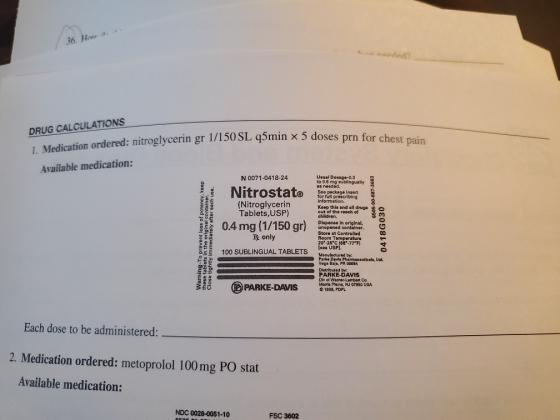 36. How DRUG CALCULATIONS olycerin gr 1/150 SL 45min x 5 doses prn for chest pain Available medication: Warning-To prevent lo