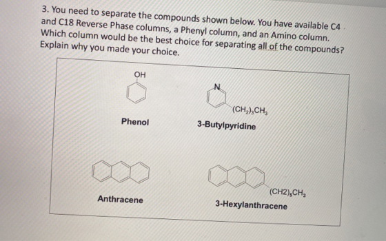 3. You need to separate the compounds shown below. You have available C4 and C18 Reverse Phase columns, a Phenyl column, and