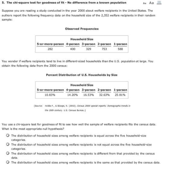 5. The chi-square test for goodness of fit - No difference from a known population Aa Aa Suppose you are reading a study cond